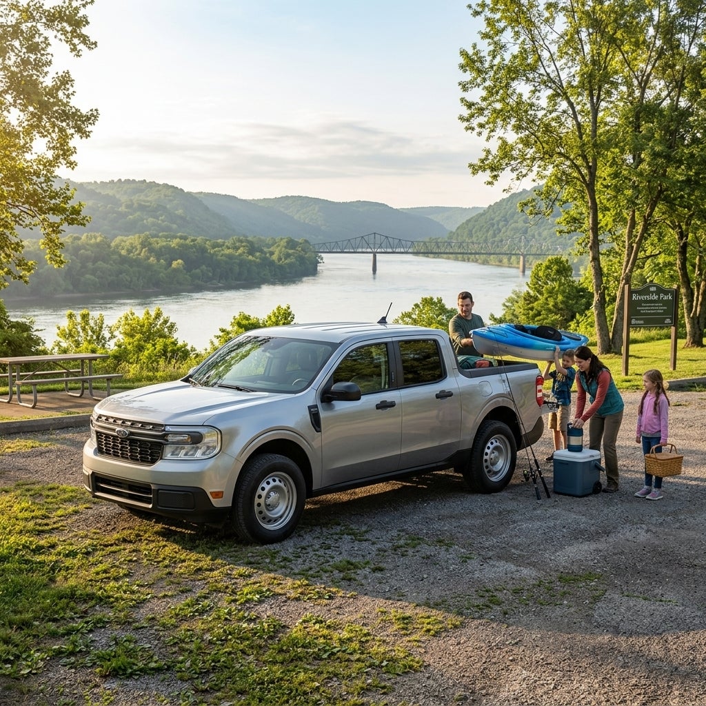 A high-resolution, commercial-style photograph of a 2026 Ford Maverick XL in a metallic silver finish, parked at a scenic riverside park overlooking the Ohio River valley. A young, active family of four is unloading outdoor gear including fishing rods, a cooler, and a small blue kayak from the truck