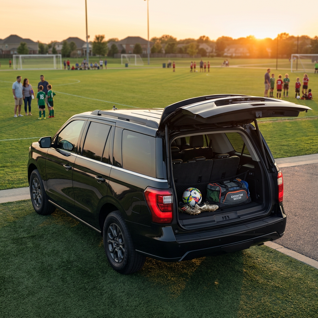 A black SUV parked at a soccer field with its trunk open, showing soccer gear inside during sunset. (Representative image for illustration purposes only. Actual vehicle may vary based on trim and configuration.)