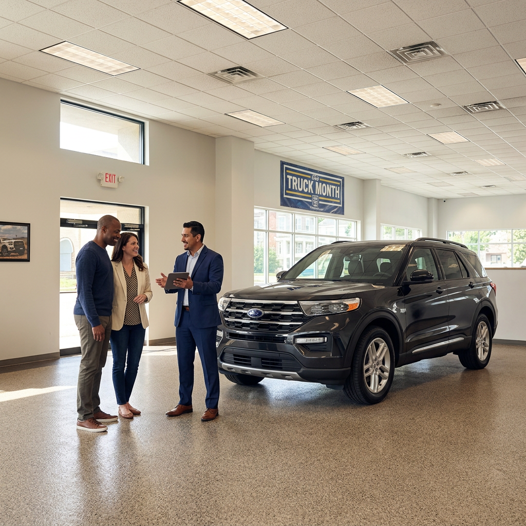 A car salesman showing a tablet to a couple standing next to a black SUV in a dealership showroom.