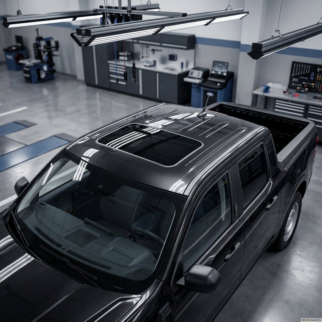 A photorealistic high-angle shot of a sleek 2026 Ford Maverick pickup truck parked inside a modern, brightly lit professional automotive service center, the primary focal point is the large panoramic glass moonroof panel on the vehicle's roof, cinematic overhead LED lighting highlighting the reflect