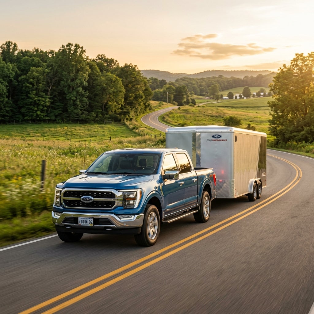 Blue Ford F-150 pickup truck towing a silver trailer on a winding rural road during sunset. (Representative image for illustration purposes only. Actual vehicle may vary based on trim and configuration.)