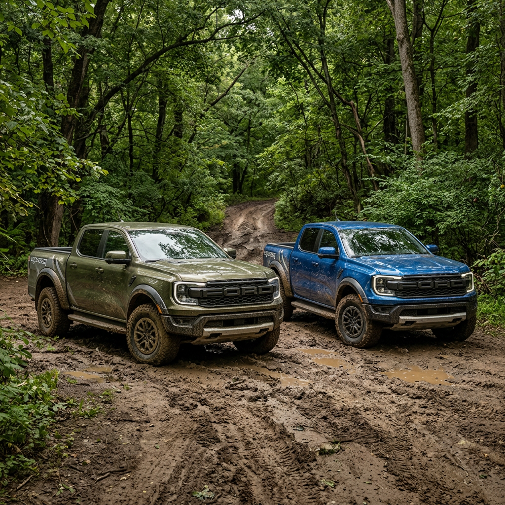 An olive green and a blue Ford Ranger Raptor truck parked on a muddy forest trail. (Representative image for illustration purposes only. Actual vehicle may vary based on trim and configuration.)