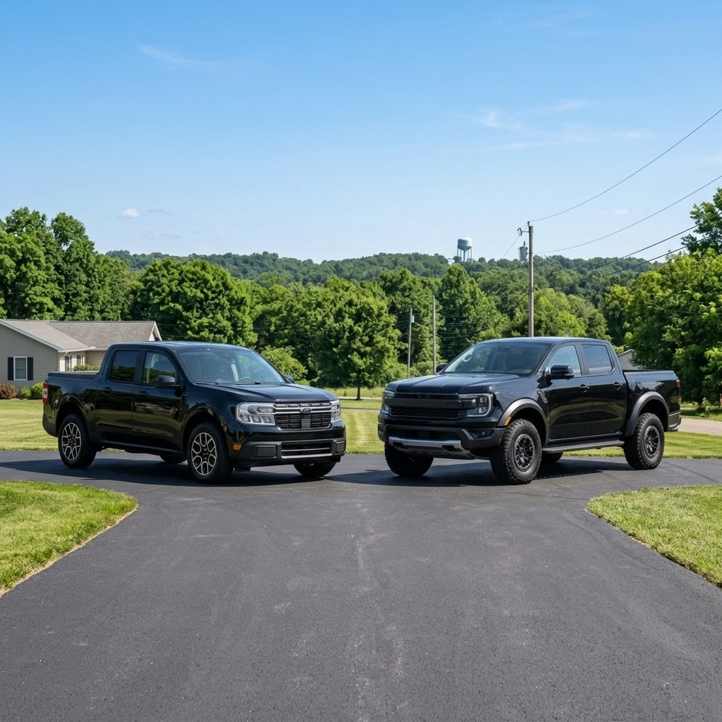 Two black Ford pickup trucks parked side-by-side on a paved driveway with green trees and a blue sky in the background. (Representative image for illustration purposes only. Actual vehicle may vary based on trim and configuration.)