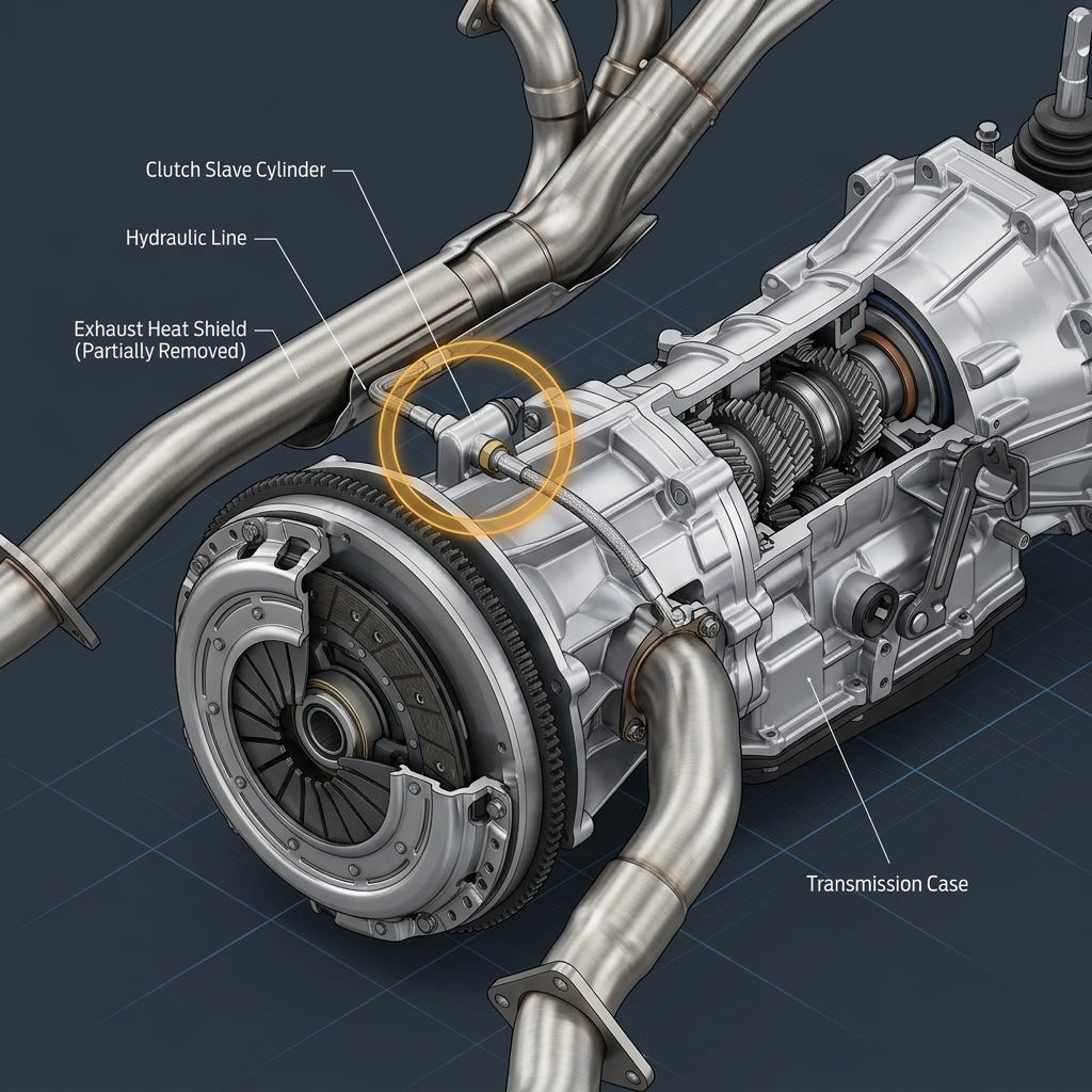 Cutaway technical diagram of a manual transmission system highlighting the clutch slave cylinder and hydraulic line. (Representative image for illustration purposes only. Actual vehicle may vary based on trim and configuration.)
