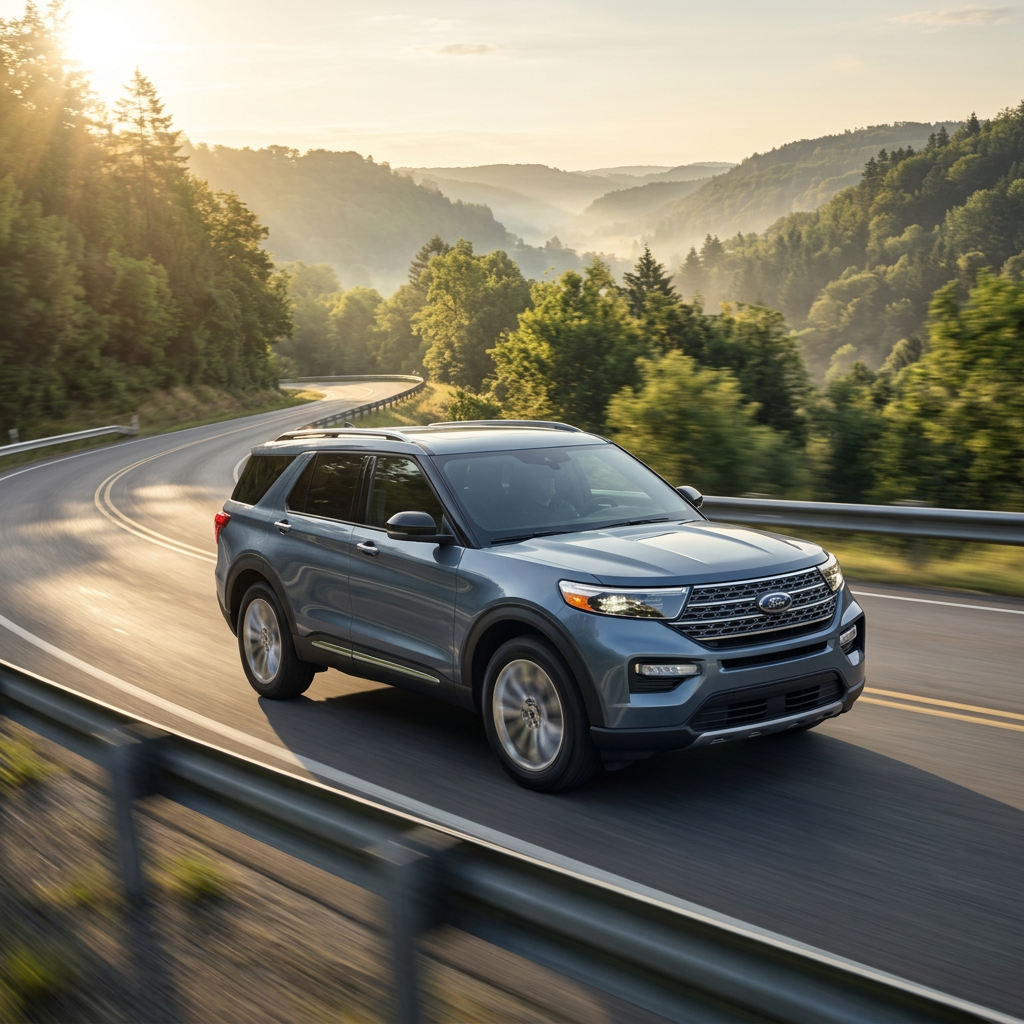 A blue Ford Explorer driving along a winding mountain road during a misty sunrise. (Representative image for illustration purposes only. Actual vehicle may vary based on trim and configuration.)