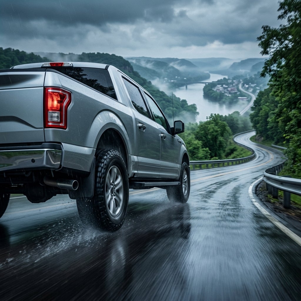 Low-angle cinematic tracking shot of a modern silver f-150 vehicle navigating a winding asphalt road overlooking the Ohio River bluffs, lush rolling hills and misty riverfront of East Liverpool in the background, dramatic overcast sky with light rain, shimmering wet pavement reflecting the vehicle's