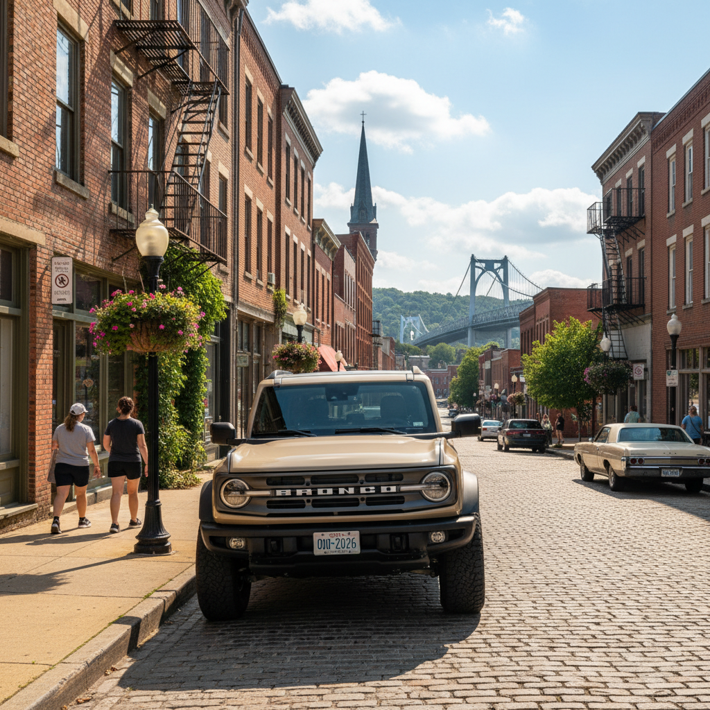 A 2026 Ford Bronco parked near the Ohio River in East Liverpool.