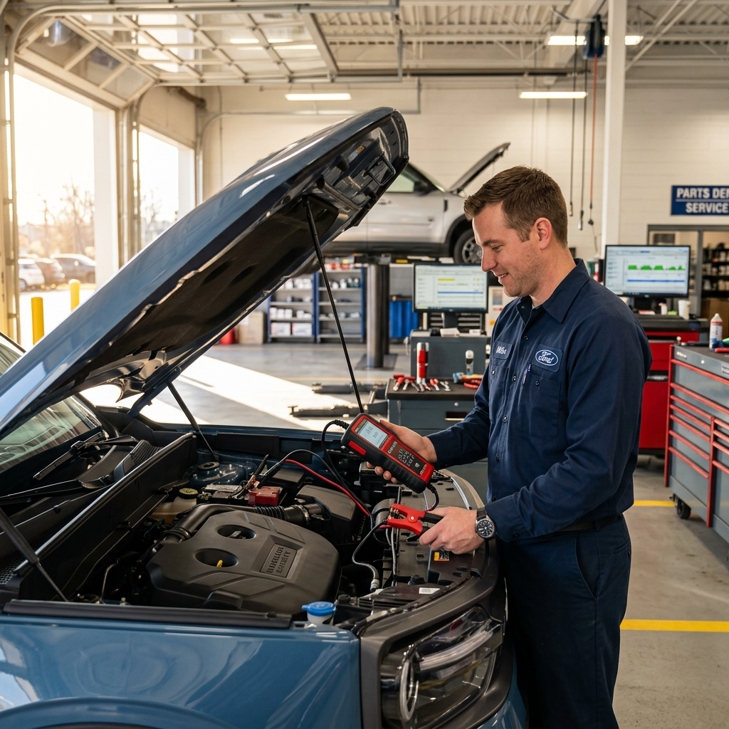 A technician in a Ford uniform testing a car battery with a diagnostic device in a modern auto service garage.