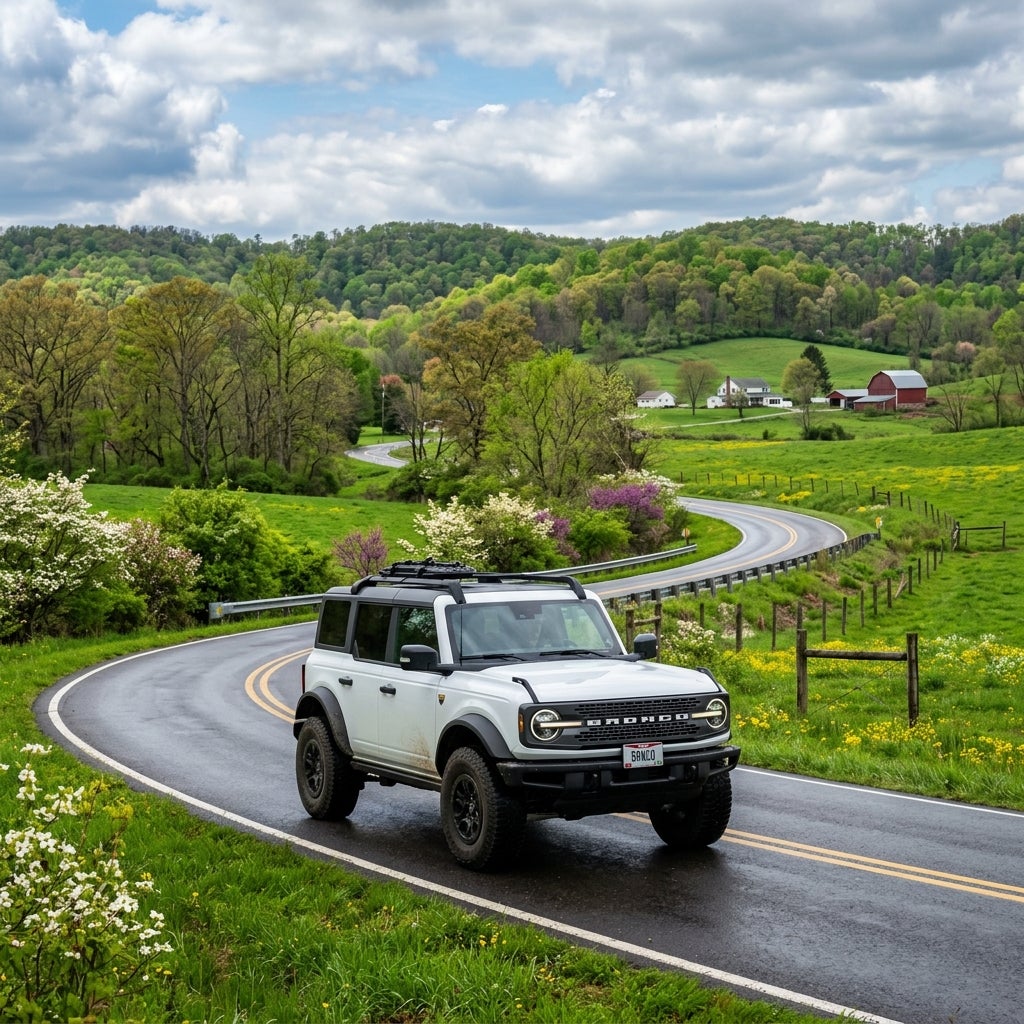 A high-detail, cinematic wide shot of a 2026 Ford Bronco in Ohio during the spring