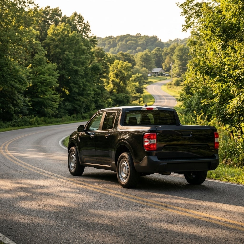 Rear view of a black pickup truck driving on a winding paved road surrounded by green trees. (Representative image for illustration purposes only. Actual vehicle may vary based on trim and configuration.)