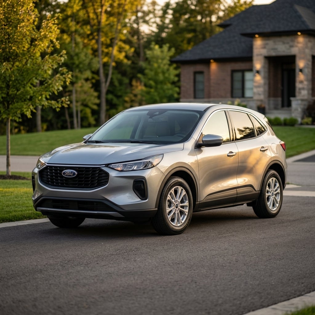 Photorealistic automotive photography, a sleek 2026 Ford Escape crossover SUV, parked on a slight incline in a quiet residential suburban driveway, three-quarter front view, metallic silver paint finish, late afternoon golden hour lighting, long soft shadows, warm natural light reflecting off the po