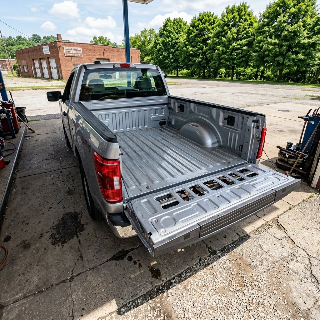 A high-angle, detailed shot of a 2026 Ford F-150 parked on a concrete service bay at a local repair shop in East Liverpool, Ohio, focusing on the rear cargo area, the tailgate is slightly ajar and visibly misaligned with the rear quarter panel showing an uneven gap, the truck is a practical metallic