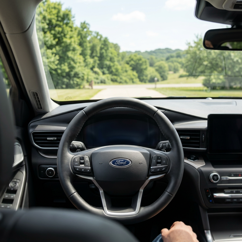 View from the driver's seat of a Ford vehicle looking out at a tree-lined driveway on a sunny day. (Representative image for illustration purposes only. Actual vehicle may vary based on trim and configuration.)