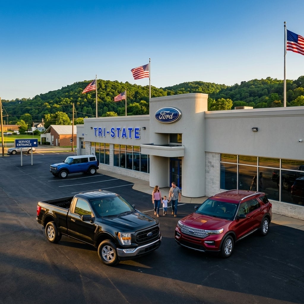 A vibrant, wide-angle cinematic photograph of a modern Ford dealership nestled in the rolling green hills of the Ohio River Valley during a warm summer golden hour, a gleaming white Ford F-150 and a deep red Ford Explorer parked prominently in the foreground on a pristine asphalt lot, the late after