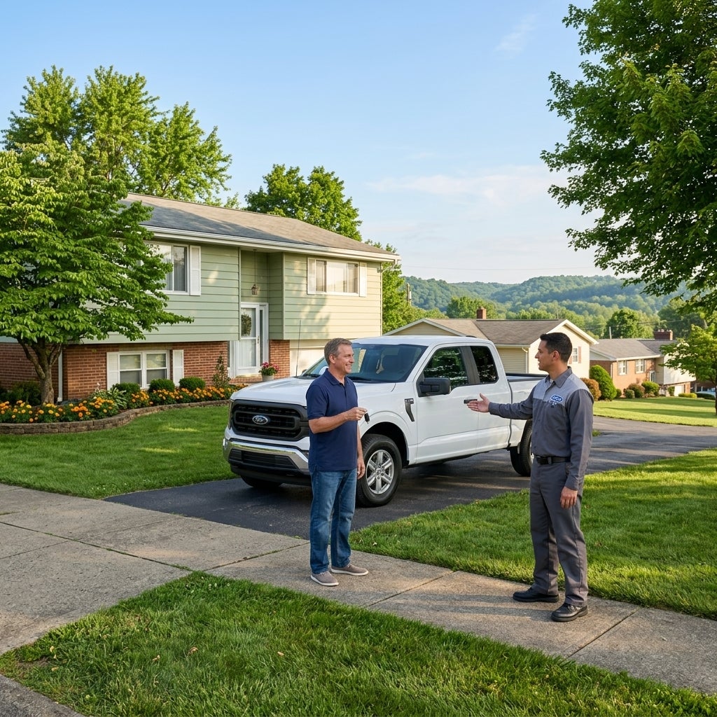 A wide-angle, eye-level shot of a clean, modern white Ford F-150 parked in the modest asphalt driveway of a classic 1960s split-level suburban home in Calcutta, Ohio. The scene is set in early June, with vibrant green lawns, full maple trees, and small flower beds with blooming marigolds. A middle-a