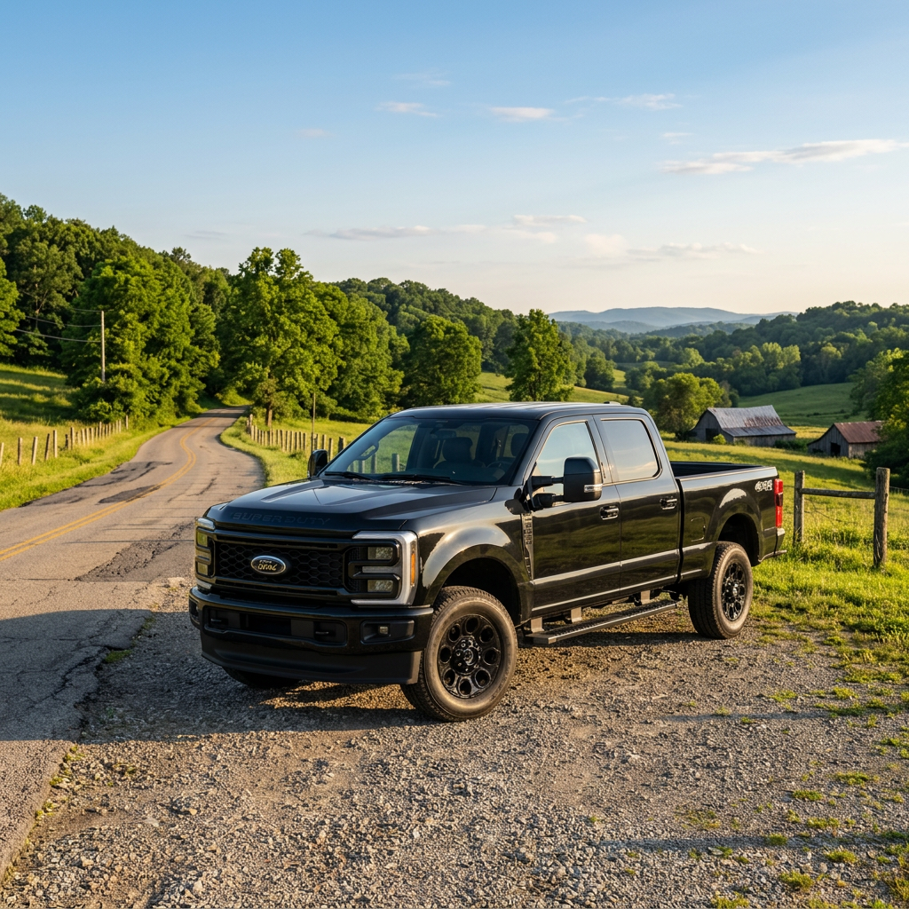 Black Ford Super Duty pickup truck parked on a gravel roadside overlooking scenic rolling green hills.