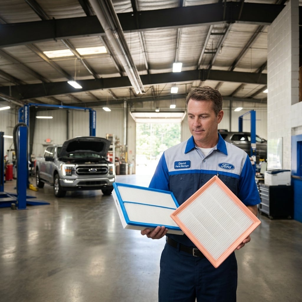 High-resolution commercial photography of a modern Ford dealership service bay in the United States, a professional parts manager in a clean uniform holding a pristine engine air filter and a cabin air filter side-by-side for comparison, a modern Ford F-150 truck with its hood open in the background