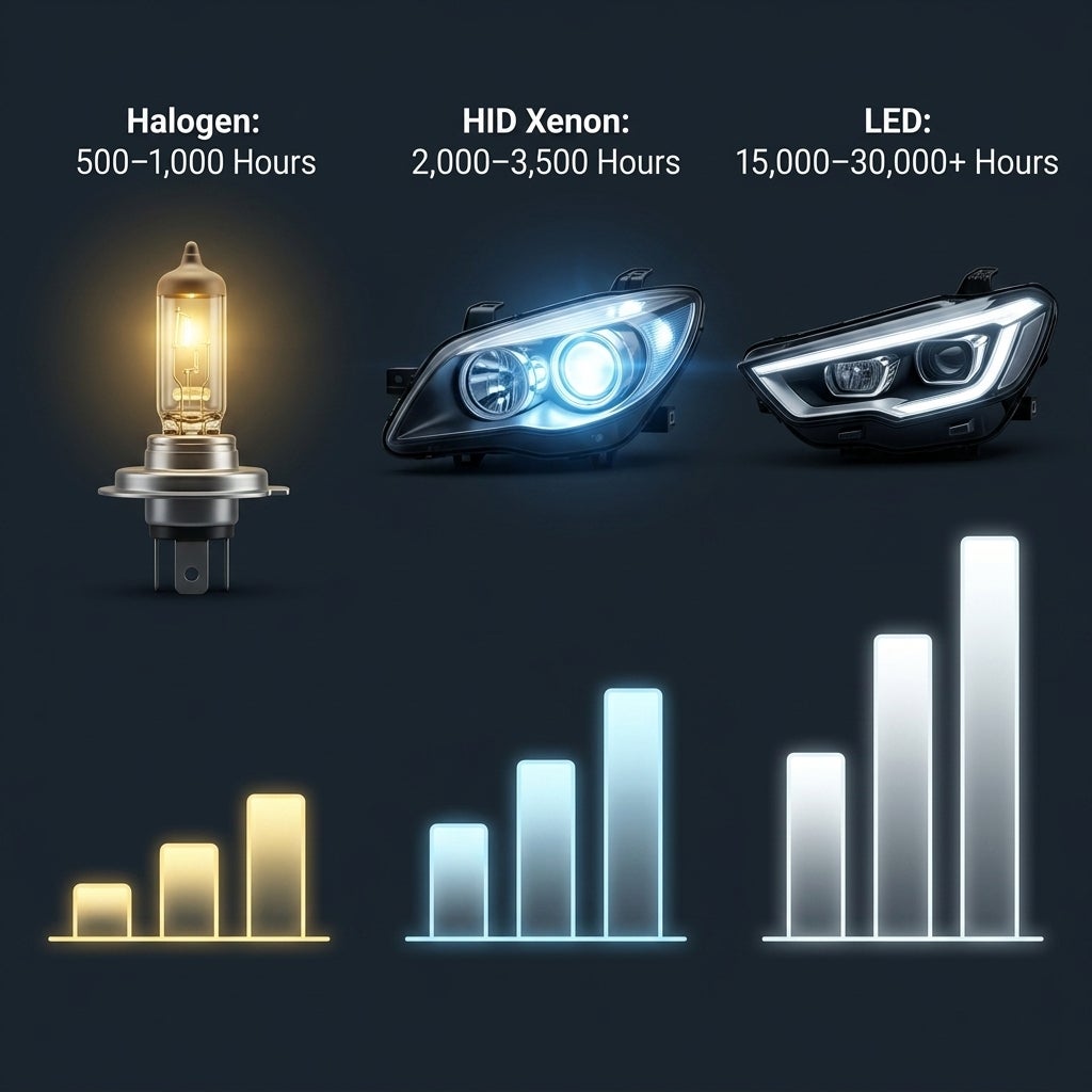Infographic comparing Halogen, HID Xenon, and LED headlights with lifespan ranges and glowing bar charts. (Representative image for illustration purposes only. Actual vehicle may vary based on trim and configuration.)