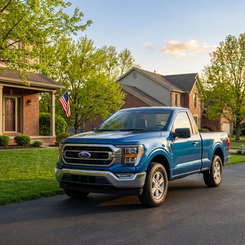 Cinematic automotive photography of a brand-new metallic blue Ford F-150 parked in the driveway of a beautiful suburban home in the Ohio River Valley, low-angle three-quarter view highlighting the truck’s bold grille and polished chrome accents, late afternoon golden hour sunlight creating warm glow