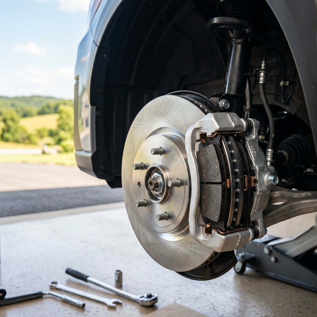 Close-up of a new car disc brake rotor, caliper, and brake pads installed on a vehicle during maintenance. (Representative image for illustration purposes only. Actual vehicle may vary based on trim and configuration.)