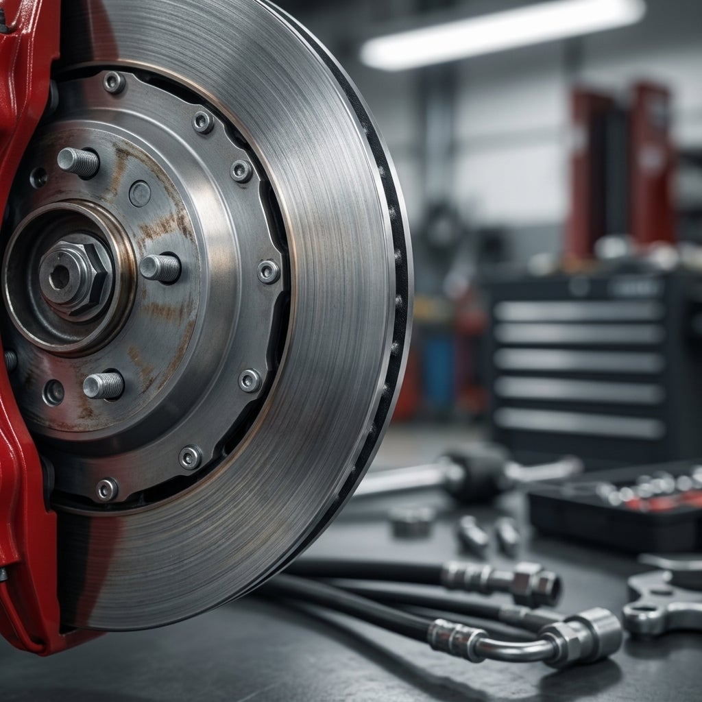 Close-up of a slotted car disc brake rotor with a red caliper and wheel hub inside an auto repair shop. (Representative image for illustration purposes only. Actual vehicle may vary based on trim and configuration.)