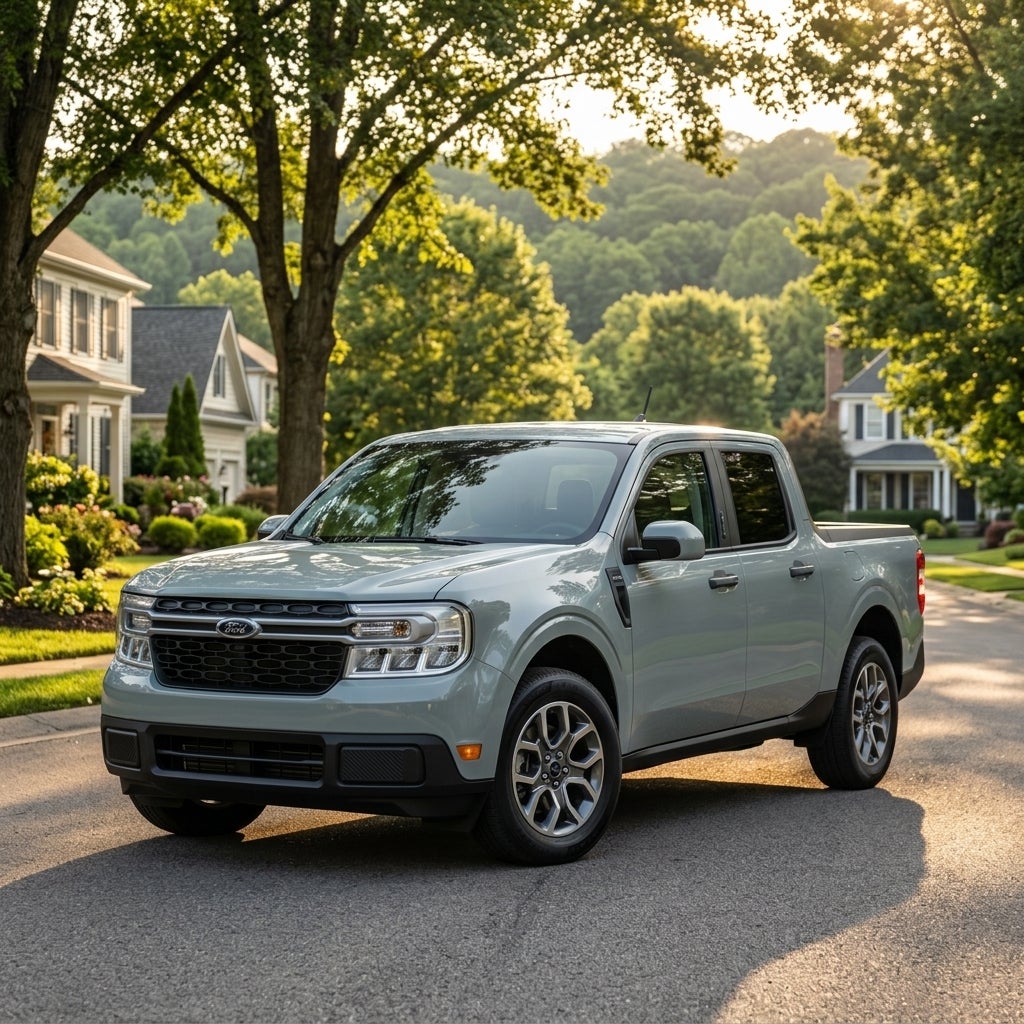 Professional automotive photography of a modern Ford Maverick hybrid pickup truck, three-quarter front view, parked on a clean asphalt road in a suburban neighborhood characterized by the rolling hills and lush deciduous greenery of eastern Ohio, warm golden hour sunlight filtering through mature tr