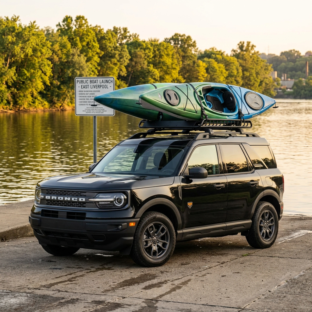 A black Ford Bronco Sport parked at a boat launch with two green and blue kayaks on its roof rack. (Representative image for illustration purposes only. Actual vehicle may vary based on trim and configuration.)