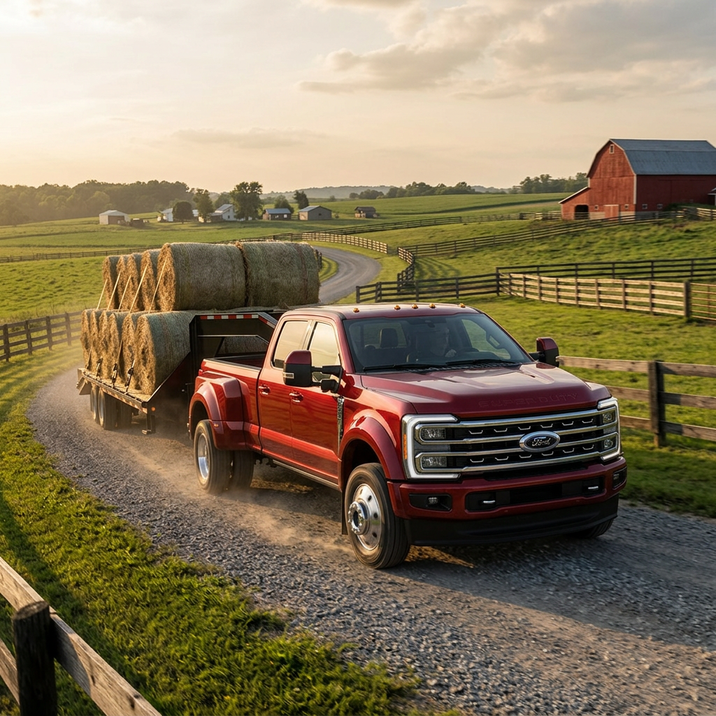 A red Ford Super Duty dually truck pulls a trailer loaded with large hay bales down a gravel farm road.