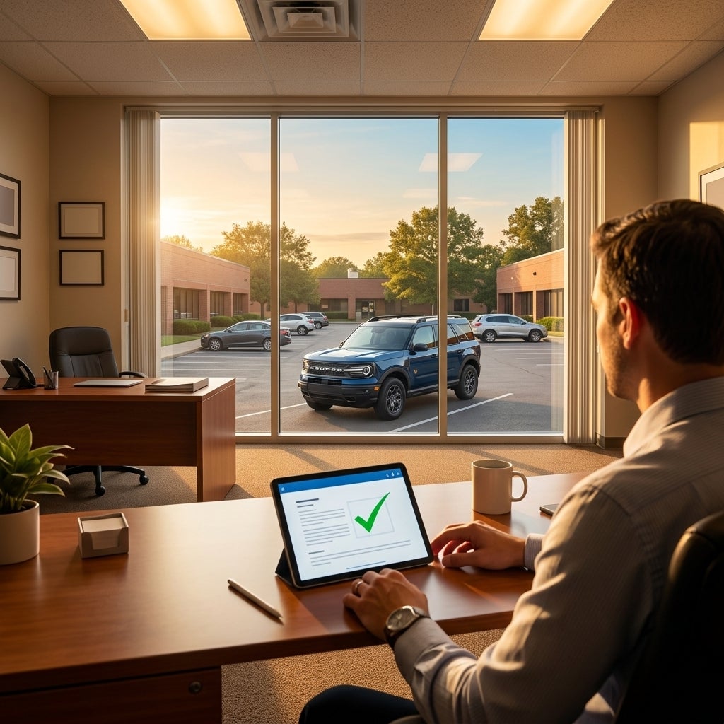 A man at an office desk looks out a window at a blue SUV while reviewing an approved document on a tablet. (Representative image for illustration purposes only. Actual vehicle may vary based on trim and configuration.)