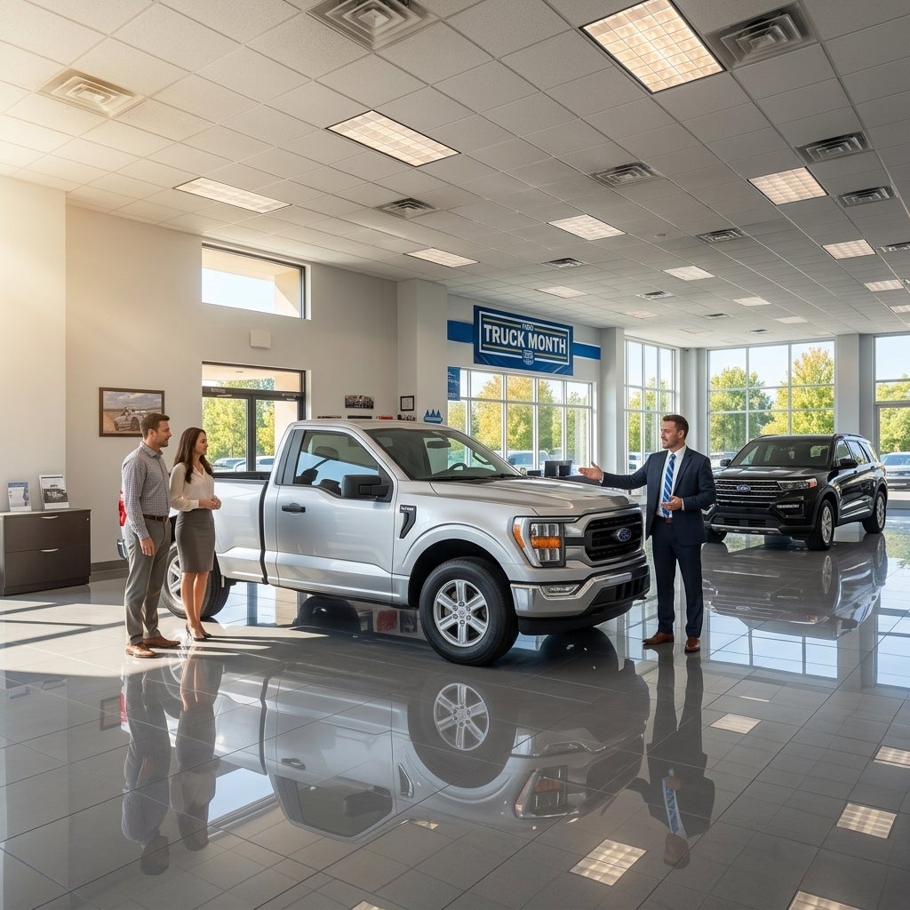 Cinematic wide-angle photograph of a modern automotive showroom in the Ohio River Valley, bright morning light streaming through expansive floor-to-ceiling glass windows, polished tile floors reflecting a gleaming new silver pickup truck and a white SUV, a professional sales consultant gesturing war