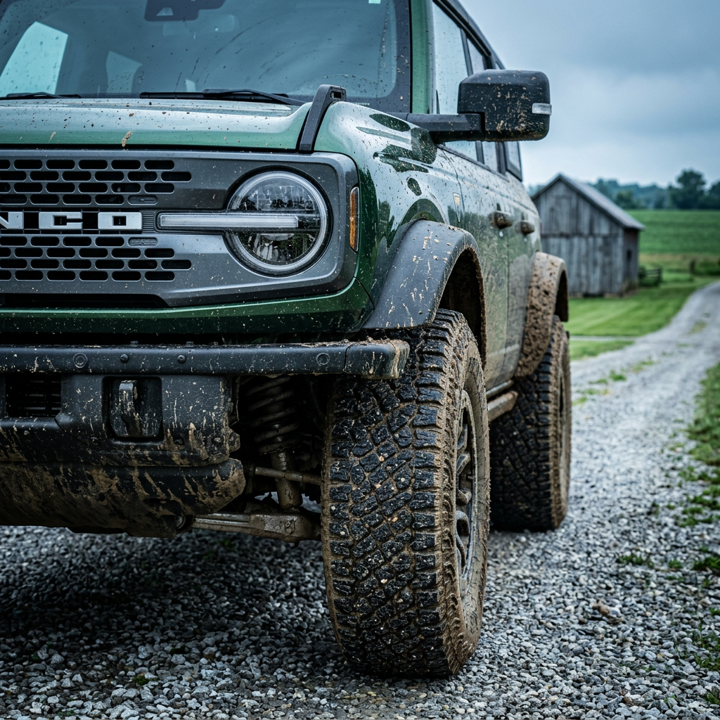 Front angle view of a muddy green Ford Bronco parked on a gravel path near a barn. (Representative image for illustration purposes only. Actual vehicle may vary based on trim and configuration.)