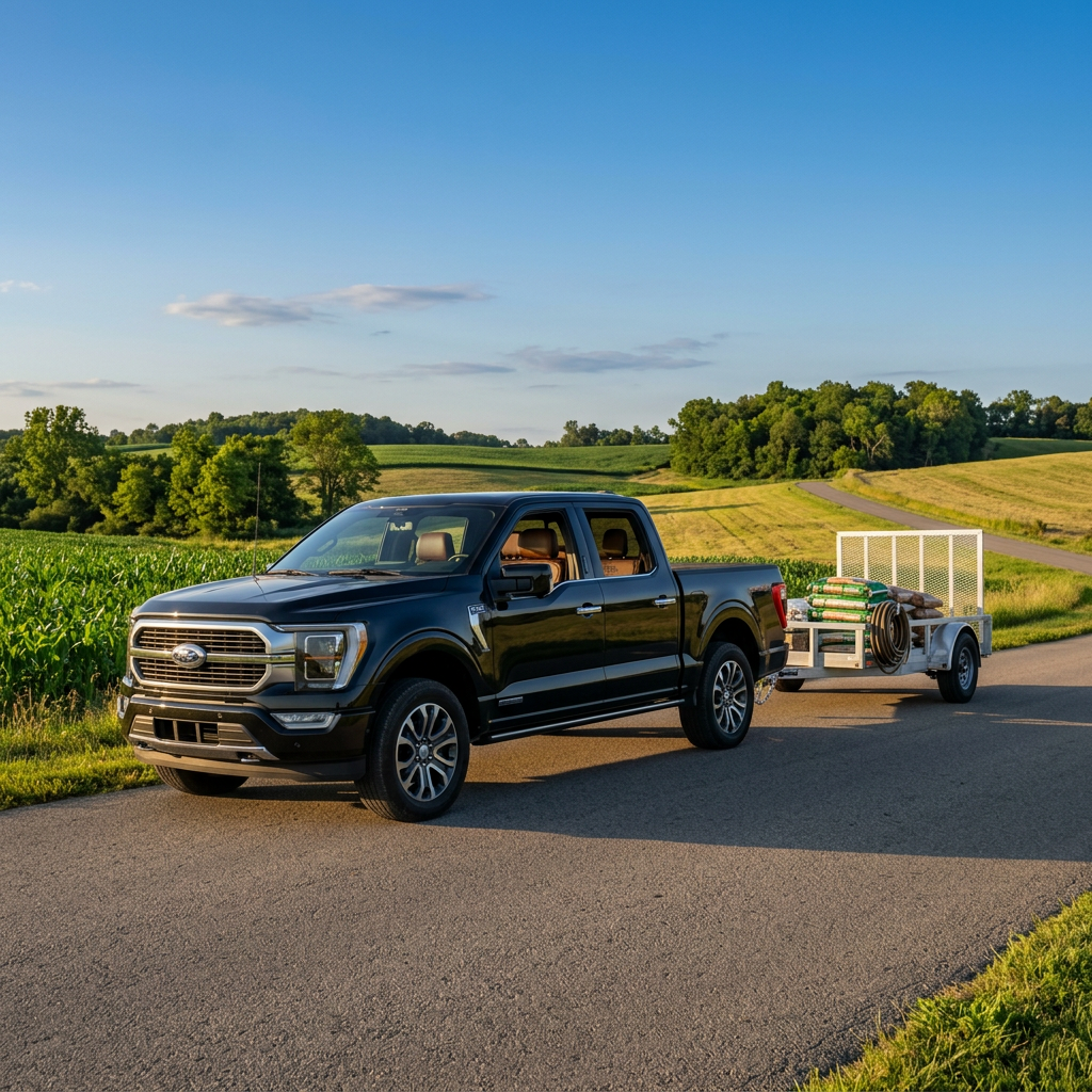A black Ford F-150 truck towing a utility trailer with landscaping supplies on a rural road. (Representative image for illustration purposes only. Actual vehicle may vary based on trim and configuration.)