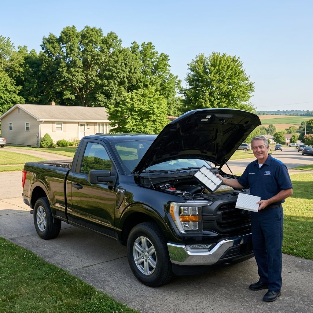 A wide-angle, eye-level shot of a clean Ford F-150 parked on a paved driveway in a quiet, modest Beaver Township, Ohio neighborhood. It is a bright, sunny afternoon on June 24th, with a clear blue early-summer sky and lush, deep green deciduous trees in the background. A seasoned Parts Manager with 