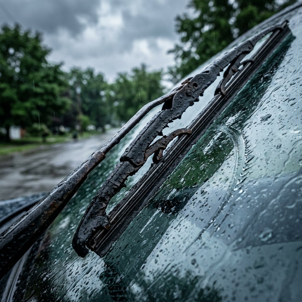 Extreme close-up, macro photography, a worn and tattered windshield wiper blade resting against a rain-slicked glass surface, jagged rubber edges showing visible dry rot and tears, a distinct arced scratch etched into the glass from metal-on-glass contact, micro-abrasions catching the light. The set