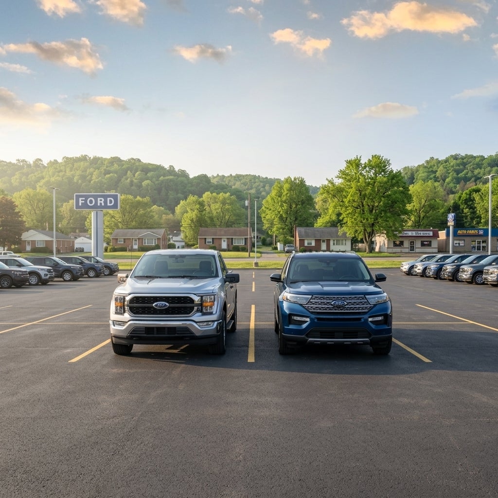 A 2026 Ford F-150 and a Ford Explorer parked on the clean, asphalt lot of a local Ford dealership in east Liverpool, Ohio, early June morning light, soft hazy sunshine, gentle rolling hills of the Appalachian Plateau in the background, a row of modest mid-century suburban homes and small local busin