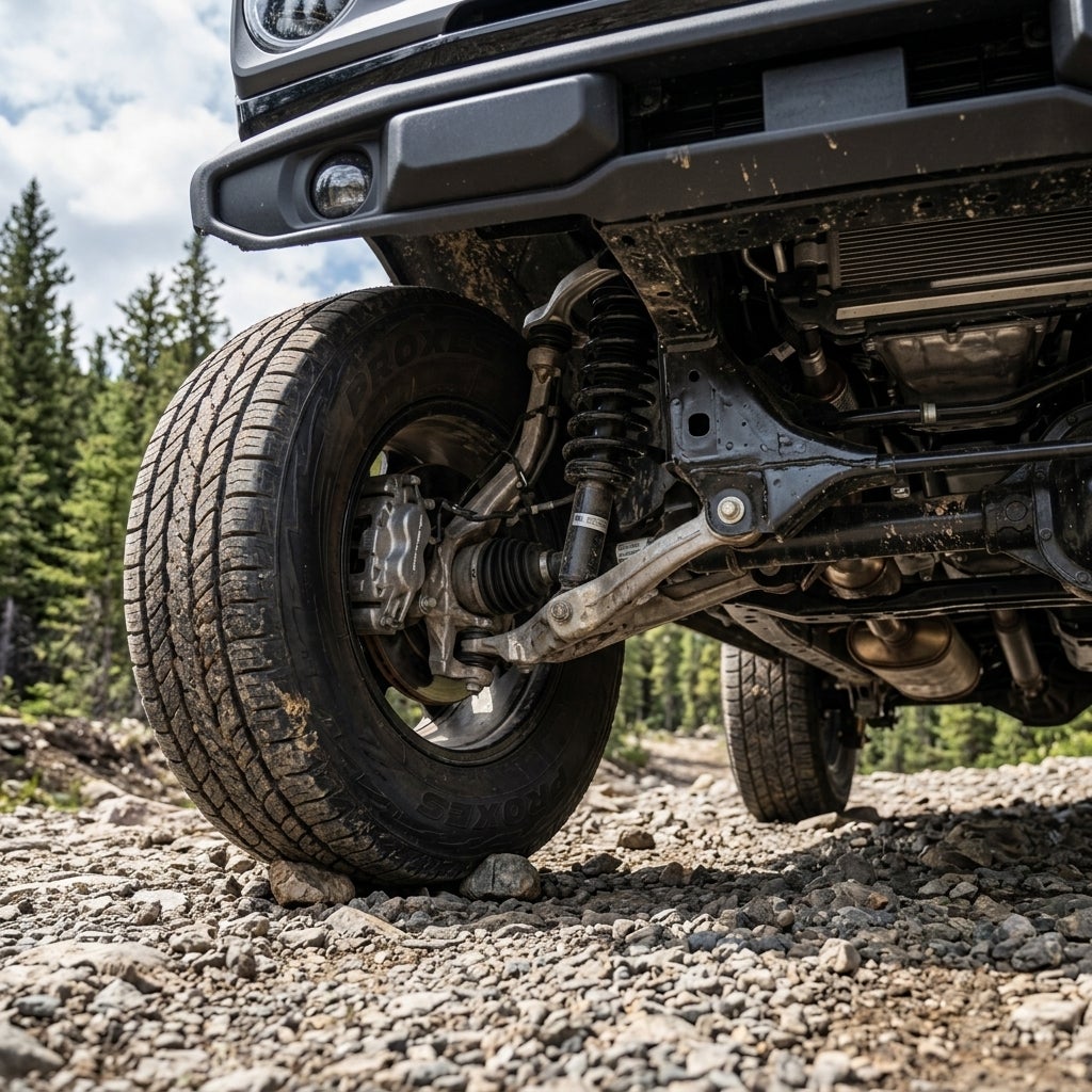 The axel frame and wheels of the bronco outside