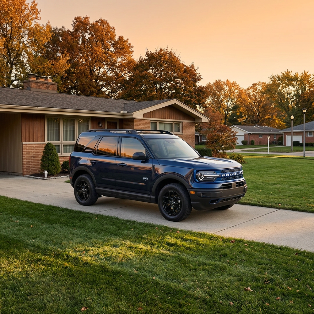 {
"altText": "A dark blue Ford Bronco Sport parked on a concrete driveway in front of a mid-century modern ranch-style home (Representative image for illustration purposes only. Actual vehicle may vary based on trim and configuration.)