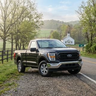 2026 Ford F-150, current model, iconic American pickup truck, parked on a gravel shoulder of a two-lane road in rural Beaver Township, Ohio, May morning light, soft spring sunshine filtering through a light haze, gently rolling hills of the Appalachian Plateau in the background, fertile agricultural fields with fresh green sprouts, patches of budding hardwood forest, a classic wooden fence line, mid-ground features a small white local church with a modest steeple, the truck is clean but clearly a tool for work, metallic paint reflecting the pale blue sky and soft clouds, low-angle hero shot, focus on the rugged front grille and headlamps, color palette of earthy greens, soft browns, and deep blues, peaceful and dependable mood, realistic photography style, reflecting a quiet and hardworking Midwestern spring morning.
