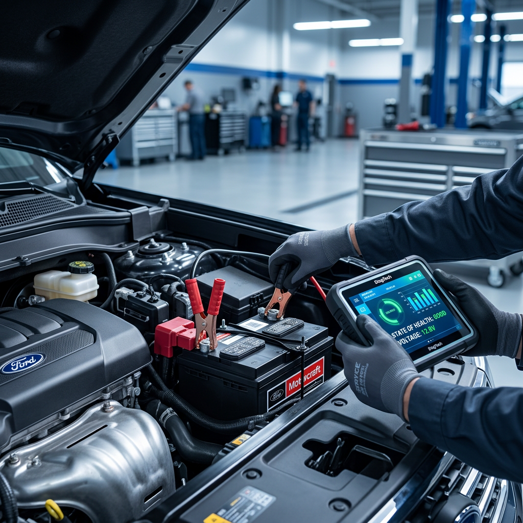A mechanic uses a digital diagnostic tool to test a Motorcraft car battery under the hood of a Ford vehicle.