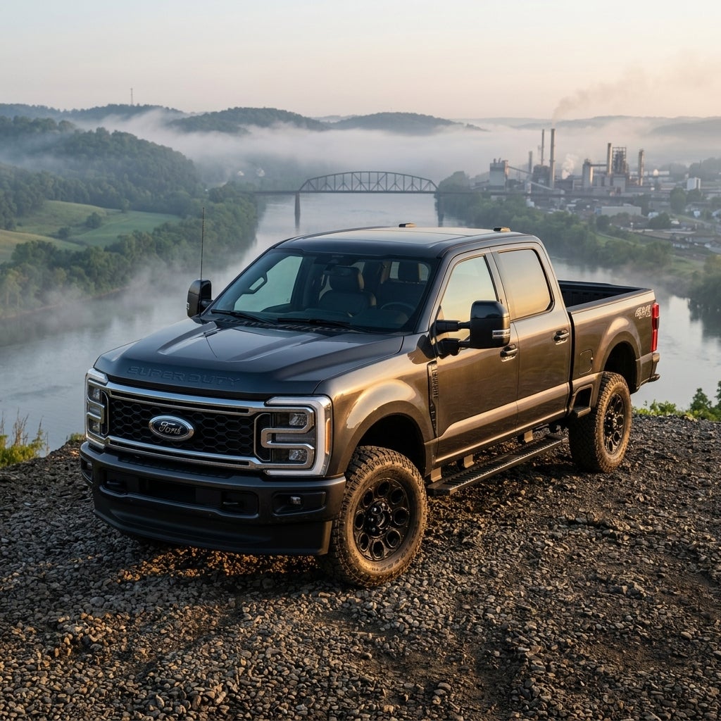 A powerful 2026 Ford F-350 Super Duty Lariat in a deep metallic charcoal finish, positioned heroically on a steep gravel-lined bluff overlooking the Ohio River valley. The scene captures the industrial spirit of East Liverpool at dawn, with soft morning mist clinging to the rolling green hills and r