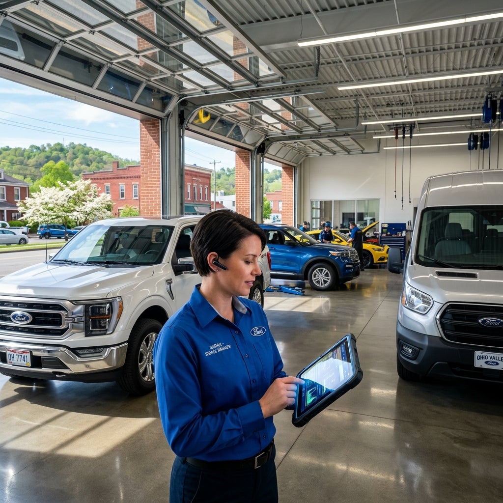 Cinematic wide-angle shot of a bright, modern Ford service bay in East Liverpool, Ohio, during a fresh june day, a professional service manager in a clean uniform holding a high-tech glowing tablet reflecting data visualizations, a white Ford F-150 and a silver Ford Transit parked on polished concre