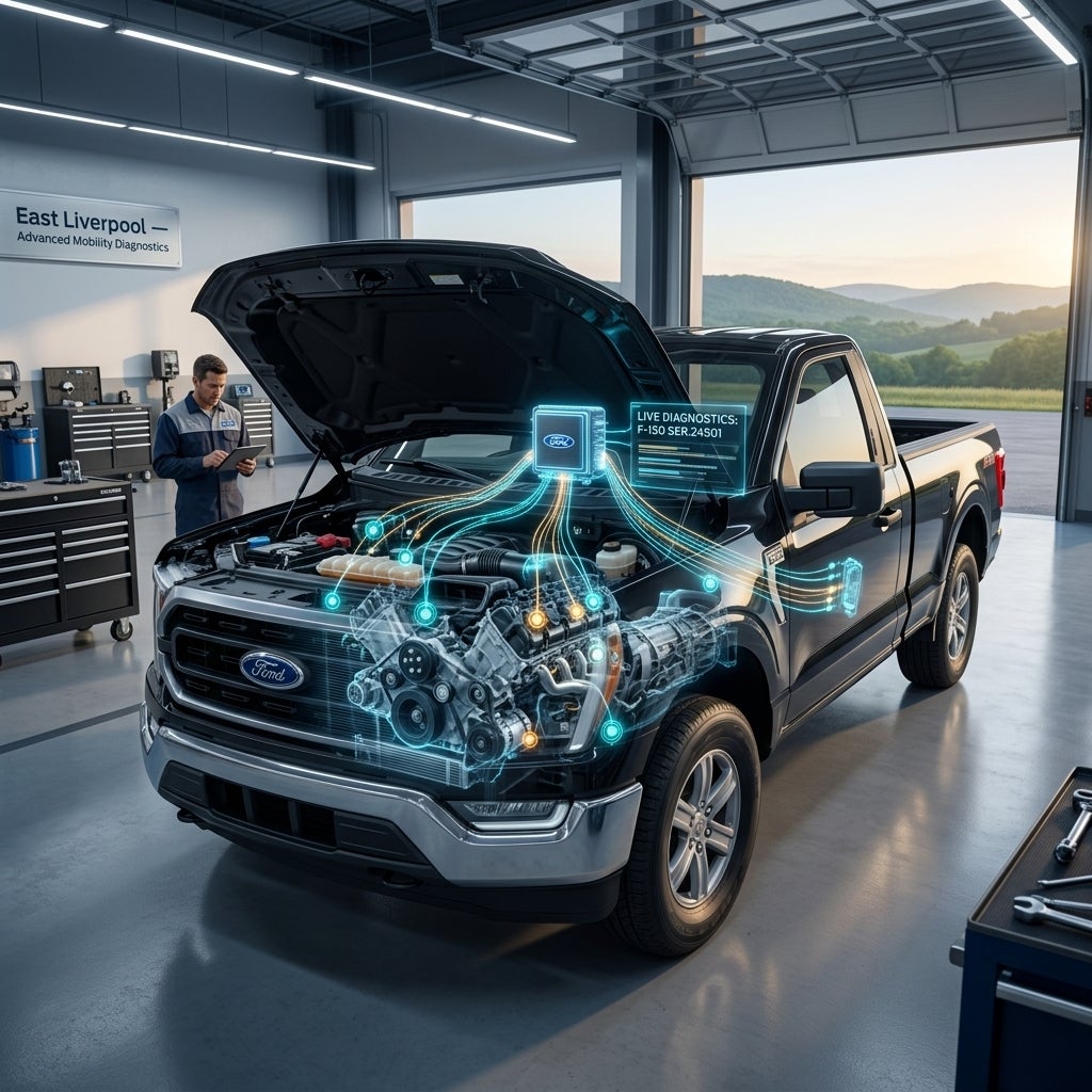 A photorealistic, wide-angle cinematic shot of a modern Ford truck in a state-of-the-art service bay in East Liverpool, Ohio, the engine hood is open showing an intricate, semi-transparent X-ray view of the internal mechanical systems, glowing cyan and amber nodes represent various sensors throughou