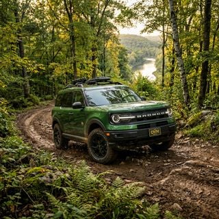 A modern 2026 Bronco Sport in a vibrant Eruption Green finish, navigating a winding dirt trail through a lush deciduous forest in the rolling hills of the Ohio River Valley, low-angle dynamic three-quarter view capturing the vehicle's rugged tires and high ground clearance, dense canopy of maple and oak trees with dappled golden hour sunlight filtering through leaves, a glimpse of a nearby river reflecting the sky in the background, earth-toned landscape featuring mossy rocks and ferns, cinematic photorealistic style, sharp focus on the vehicle’s square-shouldered design and signature front grille, serene and adventurous mood, high-resolution photography, natural lighting, no text, no logos.
