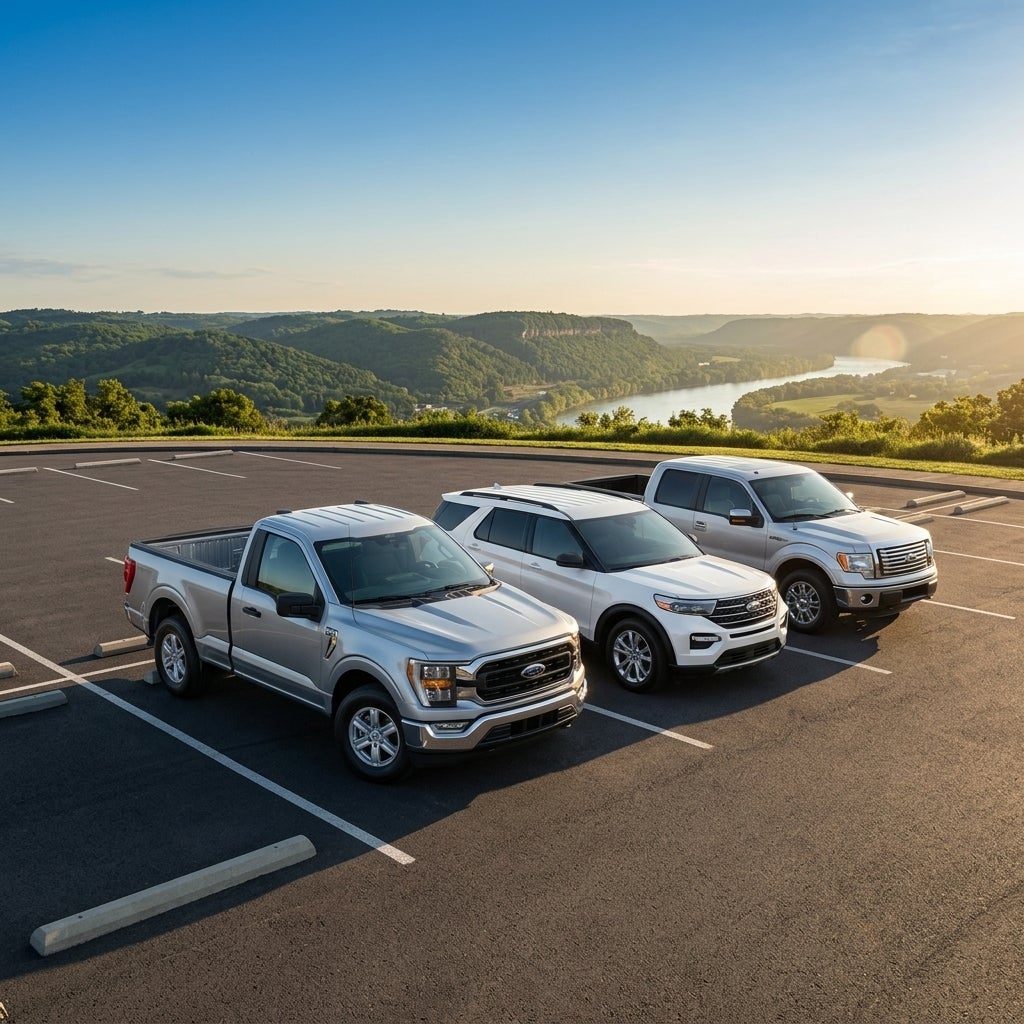 Cinematic wide-angle photograph, lot overlooking the rolling green hills and riverfront bluffs of East Liverpool Ohio, the focal point is a shimmering new metallic silver Ford F-150 and a white Ford Explorer parked prominently, a well-maintained older Ford F-150 positioned nearby to represent a trad