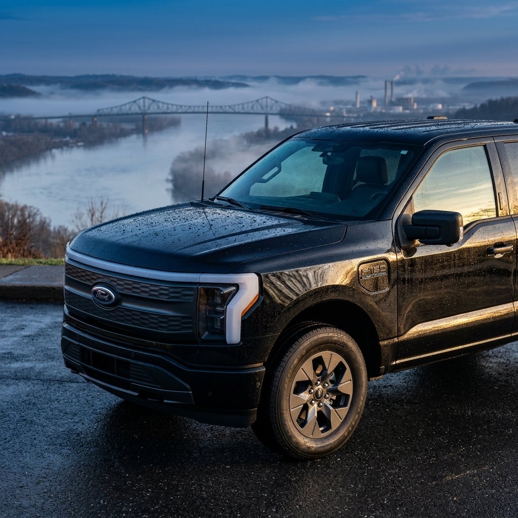 Black Ford F-150 Lightning electric truck parked on an overlook with a misty river and bridge in the background. (Representative image for illustration purposes only. Actual vehicle may vary based on trim and configuration.)