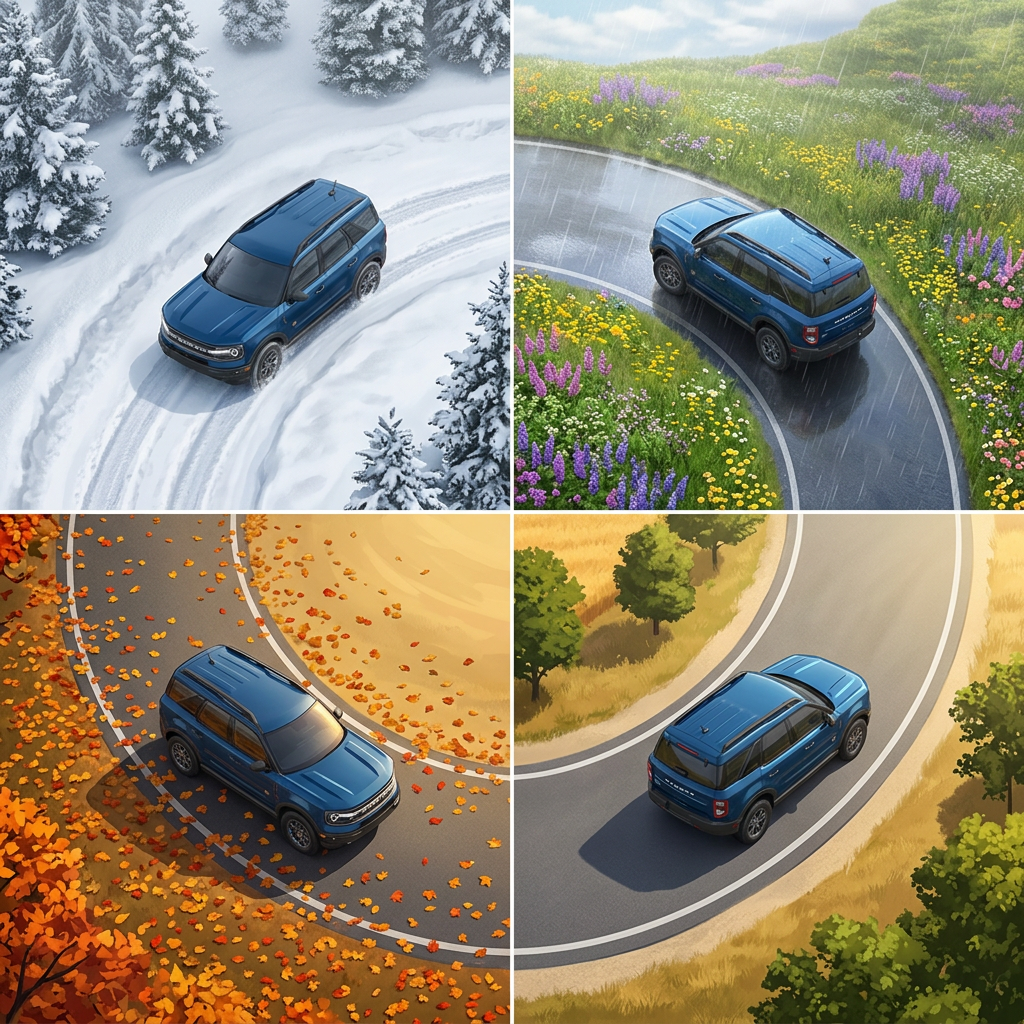 Four-panel illustration of a blue SUV driving on winding roads during winter, spring, autumn, and summer. (Representative image for illustration purposes only. Actual vehicle may vary based on trim and configuration.)