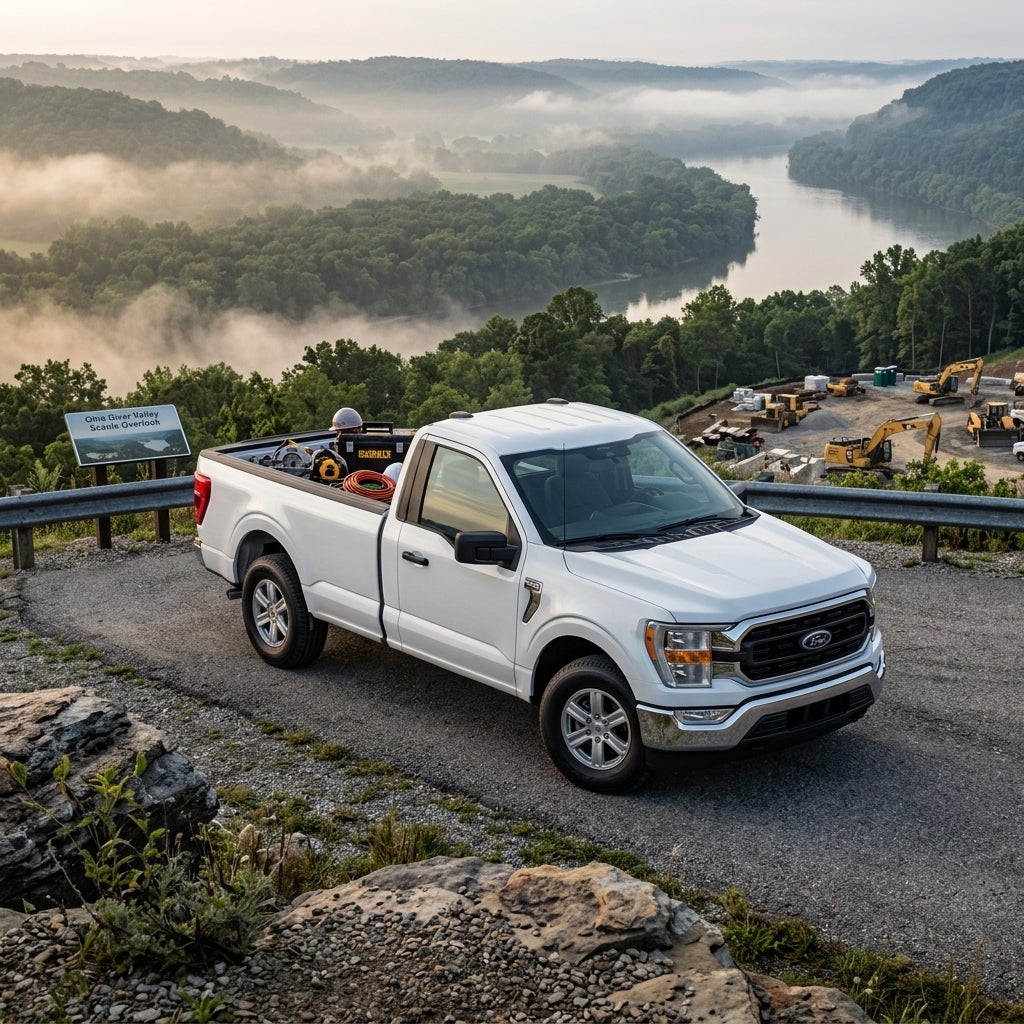 A powerful 2026 Ford F-150 XL in a sleek Oxford White finish parked on a scenic overlook above the Ohio River Valley, the rugged pickup truck positioned at a three-quarter angle to highlight its professional utility and bold front grille, misty rolling hills and dense deciduous forests of the tri-st
