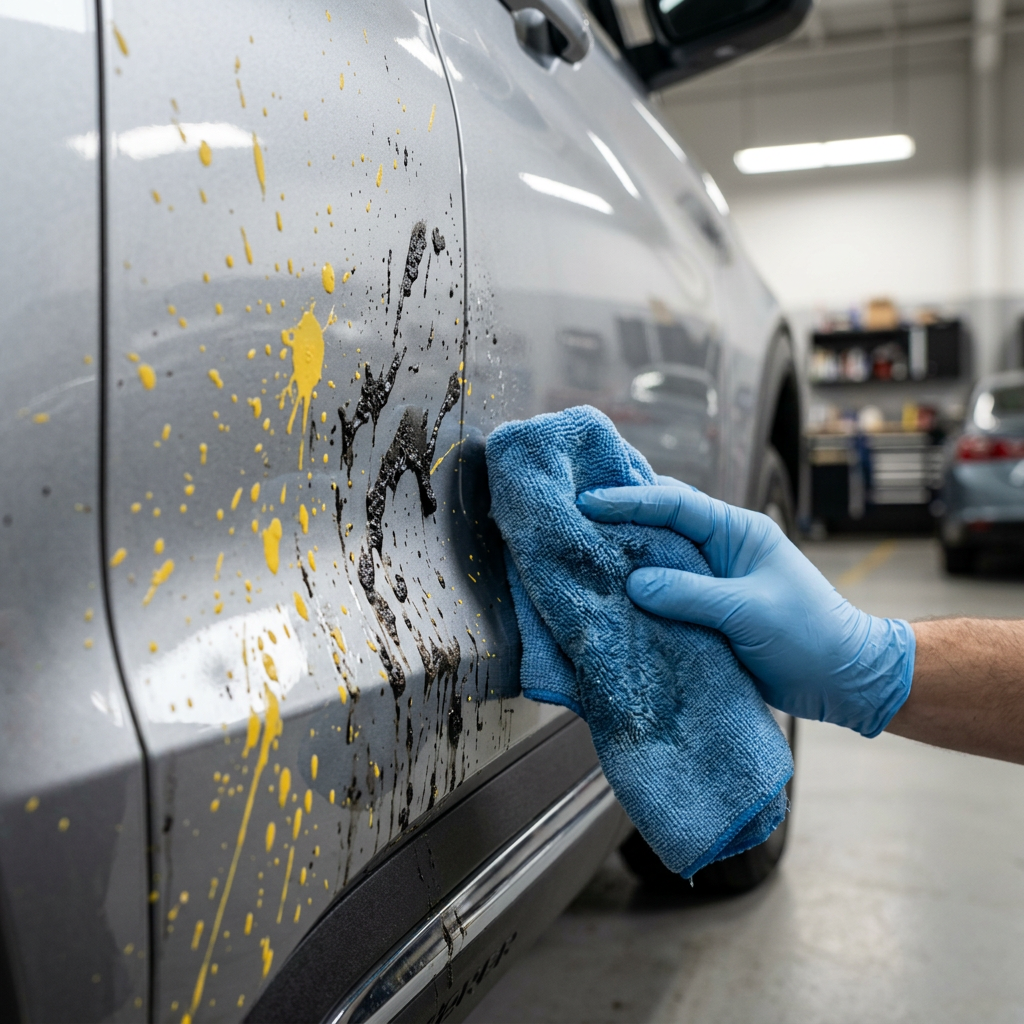 A hand wearing a blue glove uses a blue microfiber cloth to clean yellow and black paint splatters off a silver car. (Representative image for illustration purposes only. Actual vehicle may vary based on trim and configuration.)
