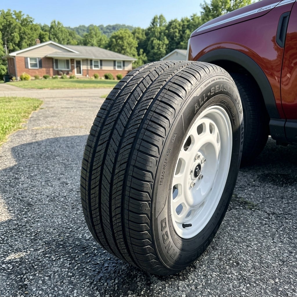 Close-up high-angle shot, focusing on a modern family SUV tire parked on a realistic asphalt residential driveway in Calcutta, Ohio, June morning light, clear blue sky, lush green deciduous trees and thick wooded foliage in the background, a hint of gently rolling Appalachian hills. The camera focus