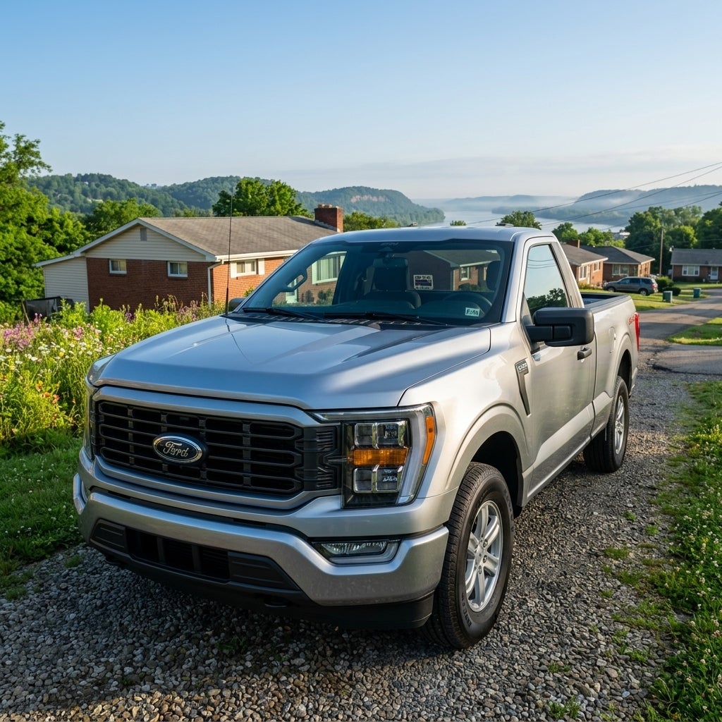2026 Ford F-150 PowerBoost Hybrid, iconic silver metallic paint, aerodynamic body sculpting, active grille shutters, parked on a gravel driveway of a modest mid-century ranch-style home, rolling hills of East Liverpool Ohio in the background, scenic riverfront bluffs overlooking the Ohio River, lush